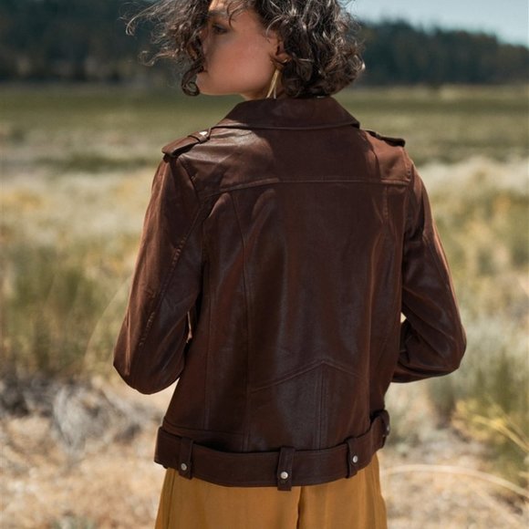 Brown Faux Suede Edgy Belted Hem Biker Jacket - Picture 5 of 5